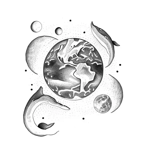 Earth with moon top left behind and whales front of earth tattoo design idea