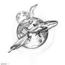 Earth with moon top left behind and whales front of earth tattoo design idea