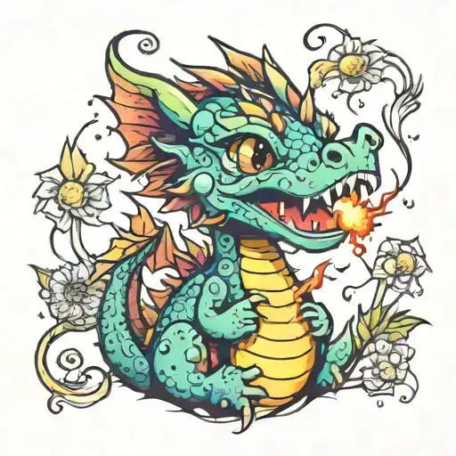 colorful baby dragon holding dandelion on fire  tattoo design idea