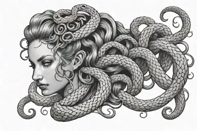 the head of a Gorgon girl with snakes on her head looks straight tattoo design idea