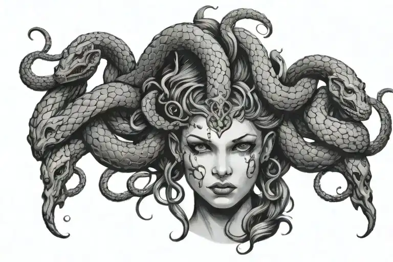 the head of a Gorgon girl with snakes on her head looks straight tattoo design idea