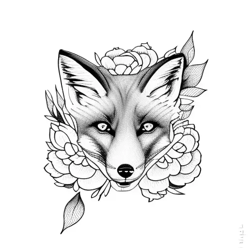 fox and peonies tattoo design idea
