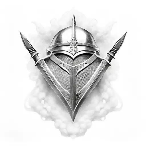 cavaleiro com armadura medieval com espada e asas de anjo tattoo design idea
