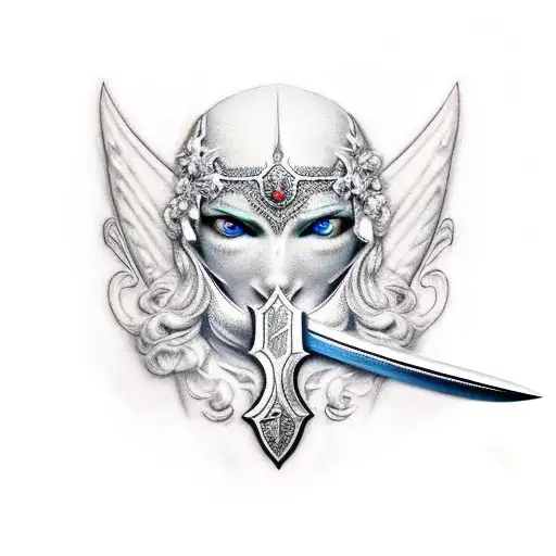 cavaleiro medieval com espada e asas de anjo tattoo design idea