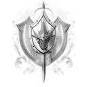 cavaleiro com armadura medieval com espada e asas de anjo tattoo design idea