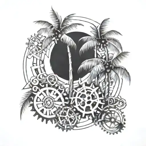 A sketch style tattoo of a palm tree with intricate engineering gears as coconuts tattoo design idea