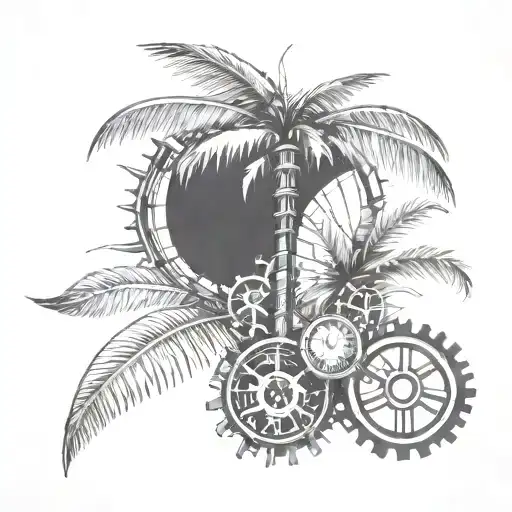A sketch style tattoo of a palm tree with intricate engineering gears as coconuts tattoo design idea