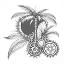 A sketch style tattoo of a palm tree with intricate engineering gears as coconuts tattoo design idea