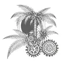 A sketch style tattoo of a palm tree with intricate engineering gears as coconuts tattoo design idea