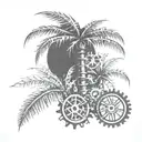 A sketch style tattoo of a palm tree with intricate engineering gears as coconuts tattoo design idea