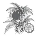 A sketch style tattoo of a palm tree with intricate engineering gears as coconuts tattoo design idea