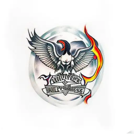 Harley Davidson full sleeve tattoo with fire and ravens tattoo design idea
