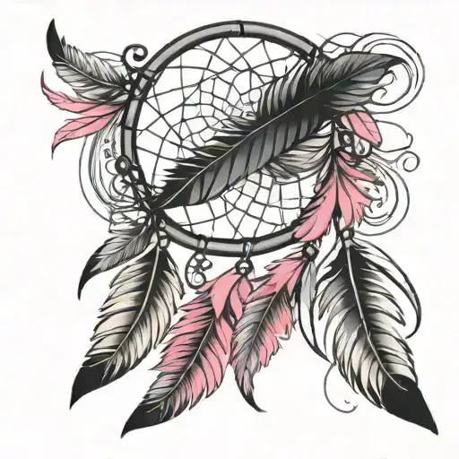 dream catcher, feather, pink tattoo design idea