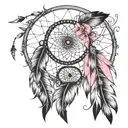 dream catcher, feather, pink tattoo design idea