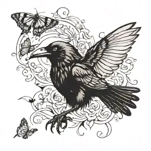 crow chasing a butterfly tattoo design idea