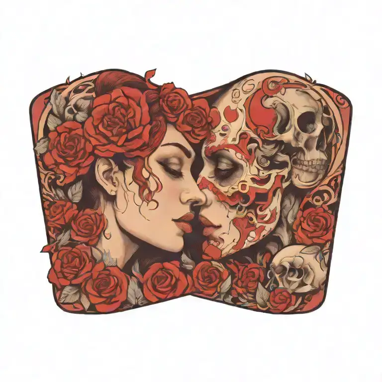 Melissa with hearts and skulls kissing inside tattoo design idea