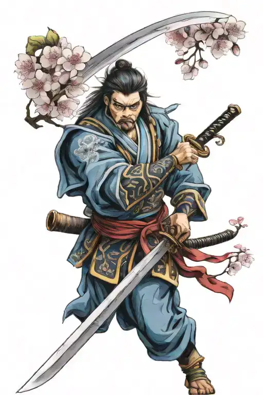 blue eye samurai, cherry blossoms and a sword tattoo design idea