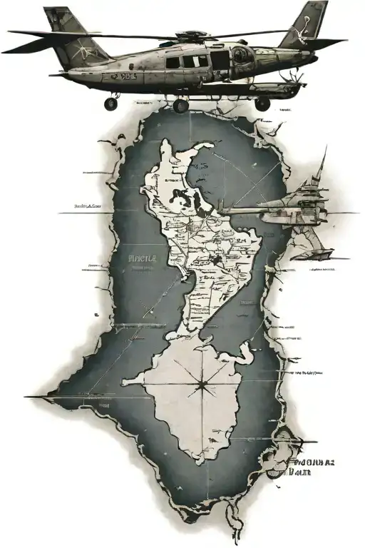 A detailed map of the Bahamas with a silhouette of a helicopter and airplane flying above tattoo design idea