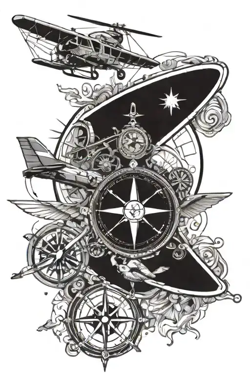 Intricate compass design with a helicopter and airplane as the main elements tattoo design idea