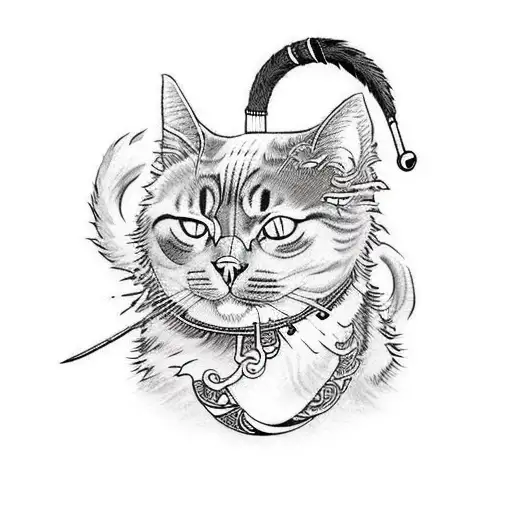 cat with samurai sword tattoo design idea