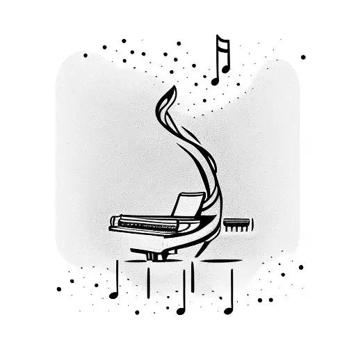 A piano keyboard transforming into a flowing river with musical notes as water droplets tattoo design idea
