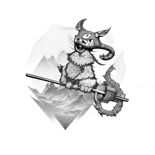 A video game character holding a barbell against a backdrop of fantasy landscapes tattoo design idea
