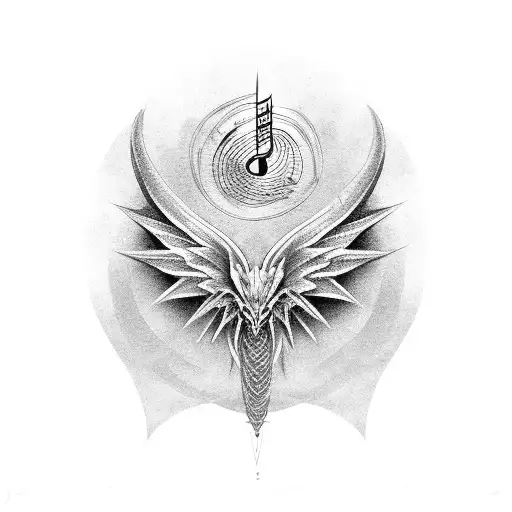 Fan-shaped dragon wings with musical symbols incorporated tattoo design idea
