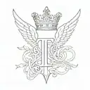 plain letter "T" with crown and wings  tattoo design idea