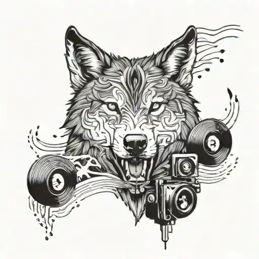 A wolf listening to a vinyl record with music waves coming out of the speakers tattoo design idea