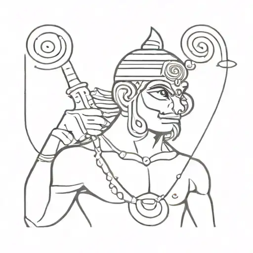 "A minimalist Hanuman gada tattoo: clean outline, subtle geometric patterns on the handle and head, fine lines, sleek tattoo design idea