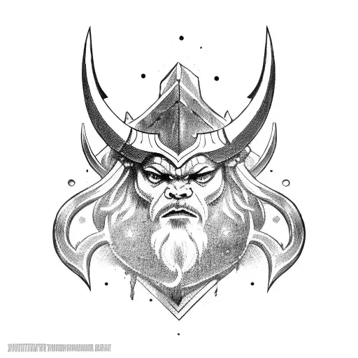 A fierce Norse warrior wielding a battle axe and wearing a horned helmet tattoo design idea