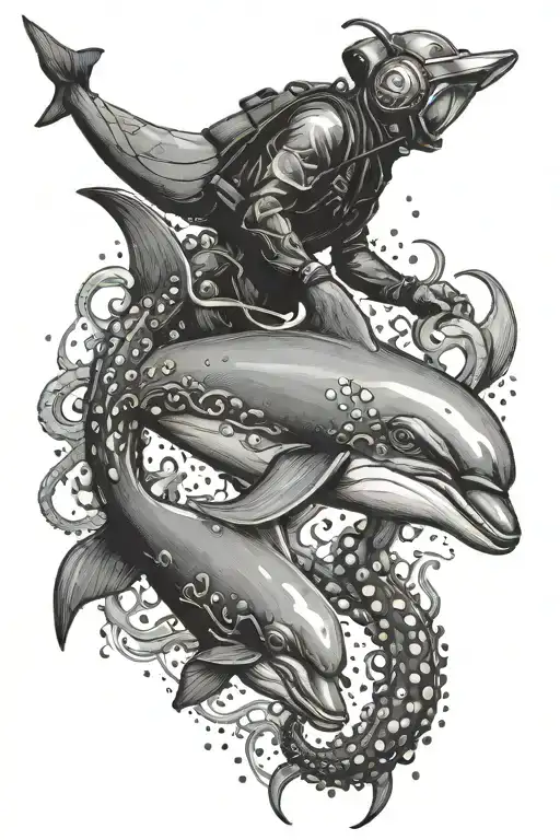 diver with dolphin and octopus tattoo design idea