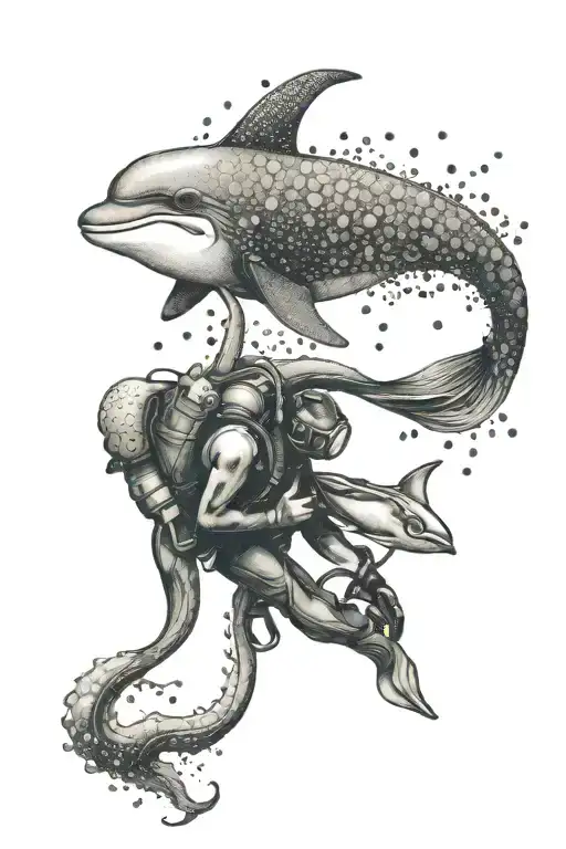 diver with dolphin and octopus tattoo design idea