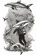 diver with dolphin and sea lion tattoo design idea