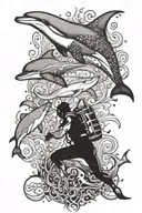 diver with dolphin and sea lion tattoo design idea
