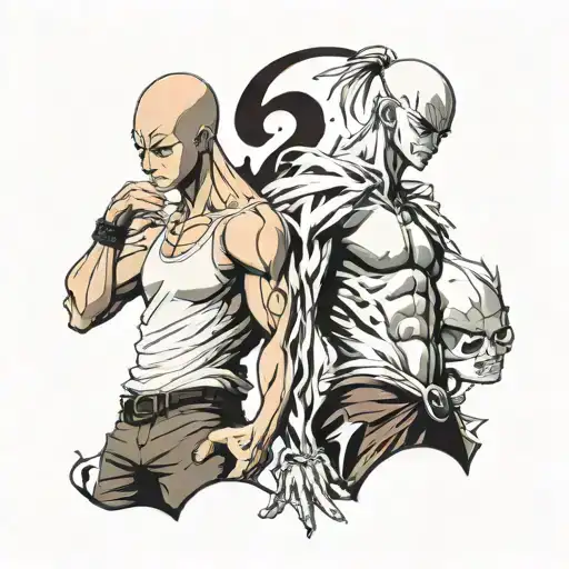 Light Yagami standing on left and Saitama standing on right tattoo design idea