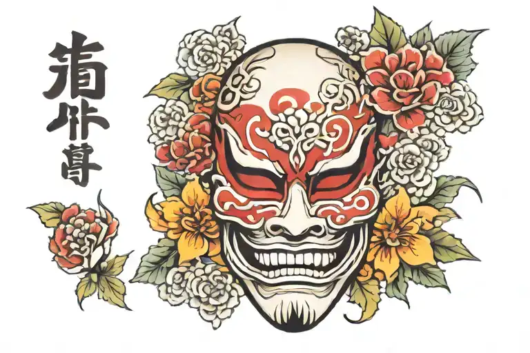 japane mask aside flowers symbolizing tattoo design idea