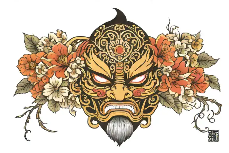 japane mask aside flowers tattoo design idea