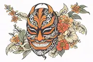 japane mask aside flowers symbolizing tattoo design idea