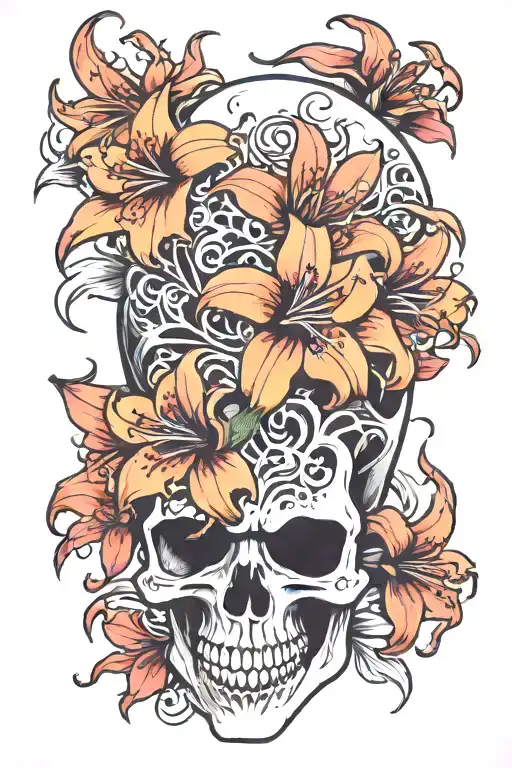 japanese spider lily skull tattoo design idea