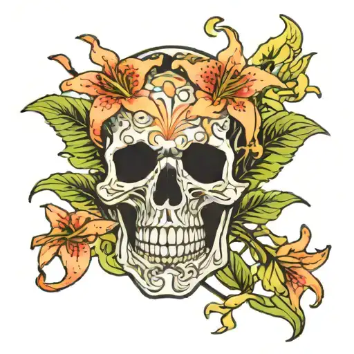 japanese spider lily and skull tattoo design idea