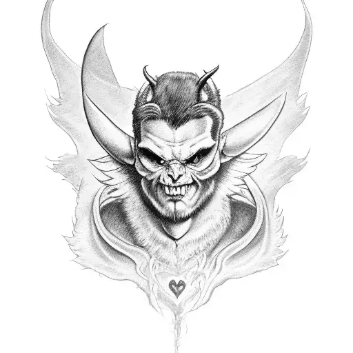 Big heart with devil horns, angel halo, devil tail, a pair of angel wing and a devil wing on the sides tattoo design idea