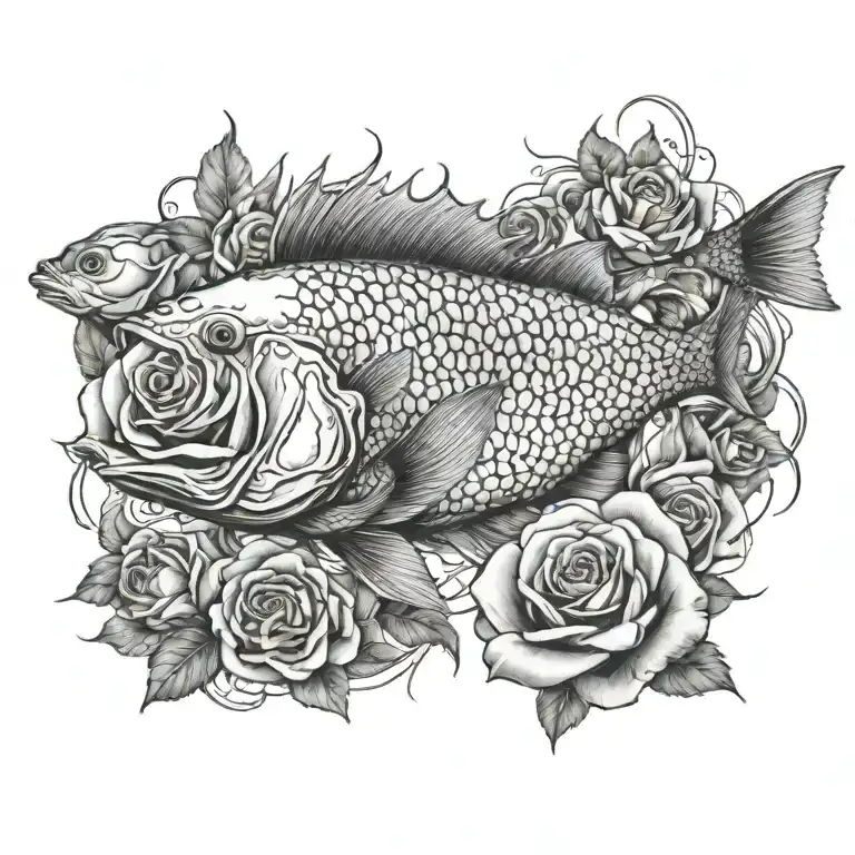pices fish with roses intertwined tattoo design idea
