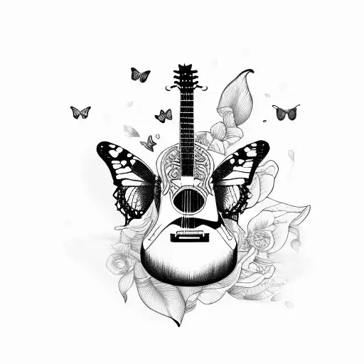 butterfly guitar with ballerina  tattoo design idea