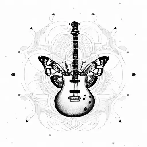 guitar with butterfly and ballerina strings  tattoo design idea
