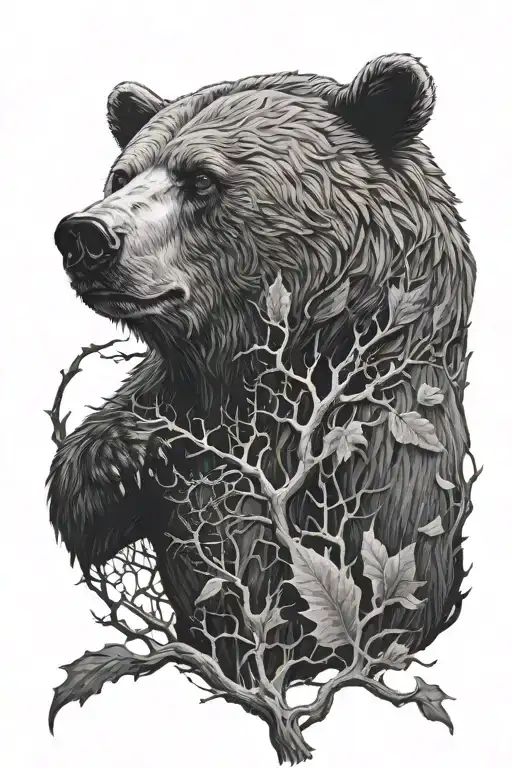 bear furious in the forest with the moon and thorns tattoo design idea