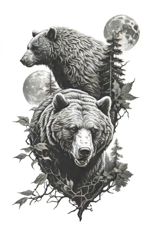 bear furious in the forest with the moon tattoo design idea