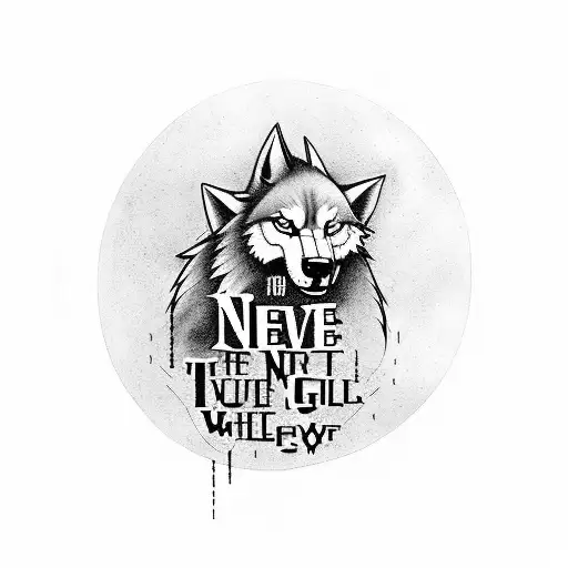 that says never give up and a ghost wolf that is circleing the text tattoo design idea