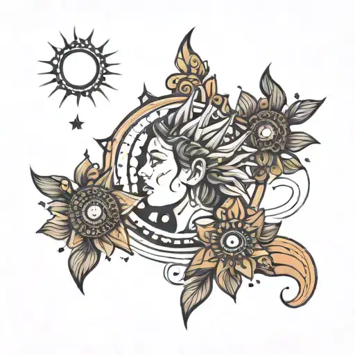A girl has a tattoo on her spine, thin lines, dots, moon, sun. tattoo design idea
