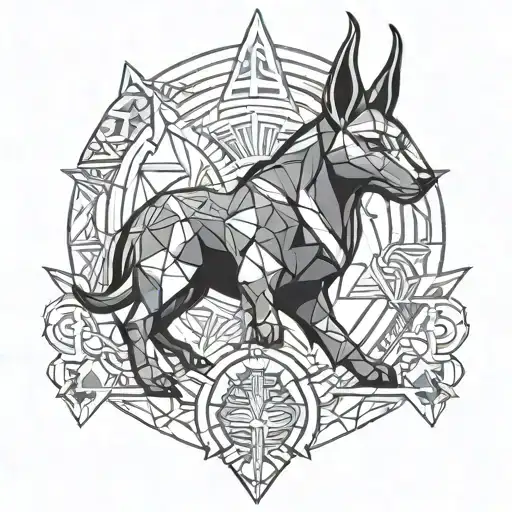 Create an abstract representation of the Egyptian god Anubis, guardian of the underworld, in a black-grey style with geometric shapes symbolizing balance and transition tattoo design idea